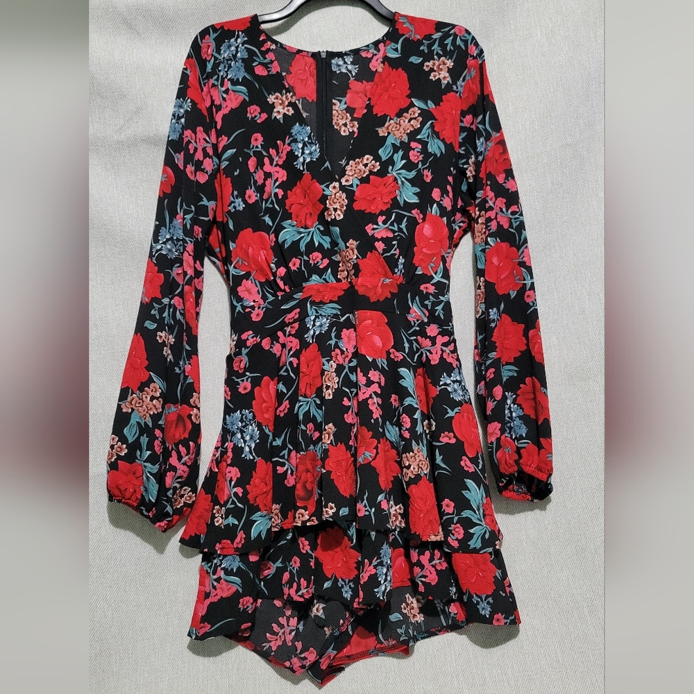 Fit & Flare Long Sleeve Romper Floral Print Black Red